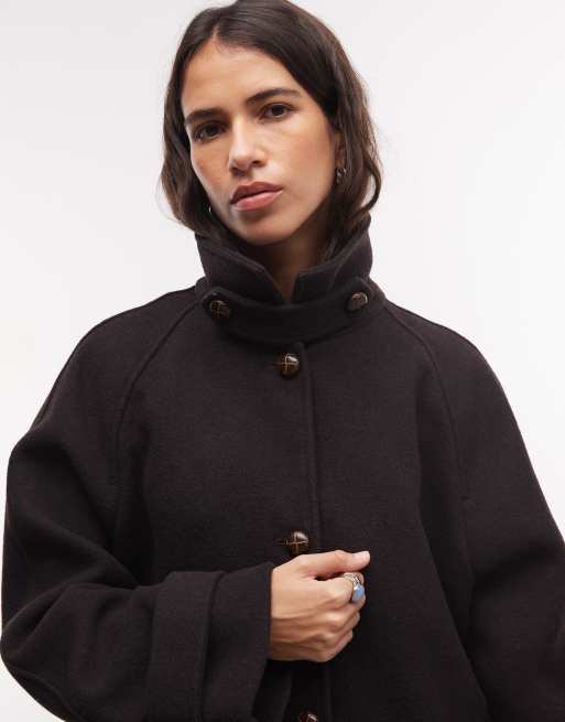 Monki wool blend funnel neck coat in dark brown, 2 of 4