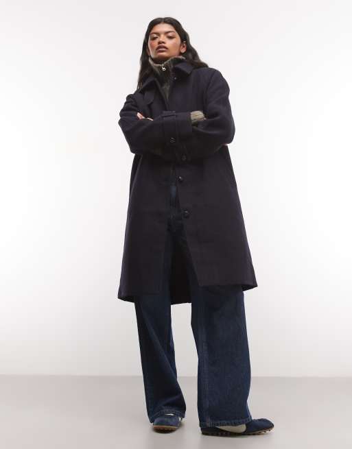 Monki wool blend funnel neck coat in navy, 3 of 4