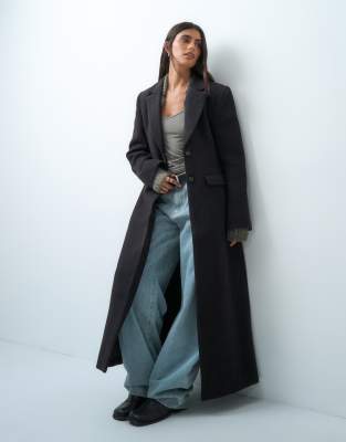 Monki Wool Blend Maxi Length Coat In Brown