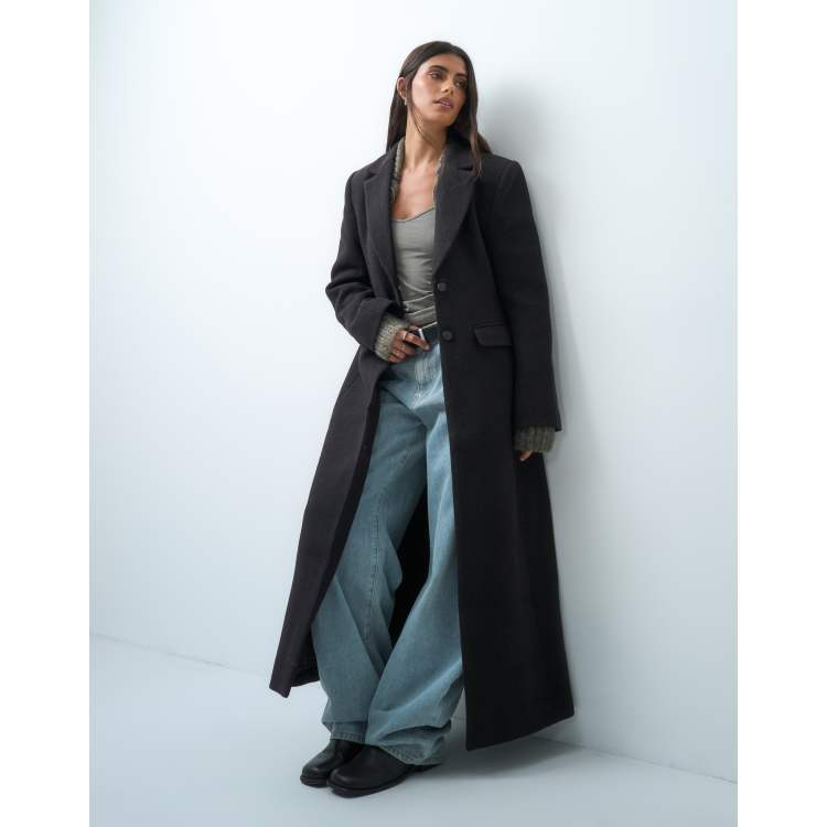 Monki wool blend maxi length coat in dark brown | ASOS