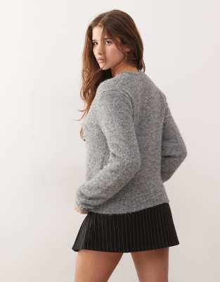 Monki Wool Blend Rhinestone Button Front Cardigan In Gray