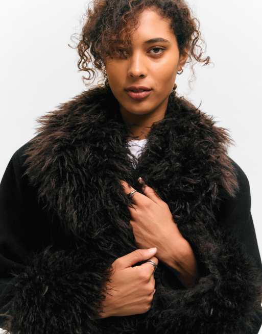 Monki wool look belted maxi coat with faux fur collar and cuffs