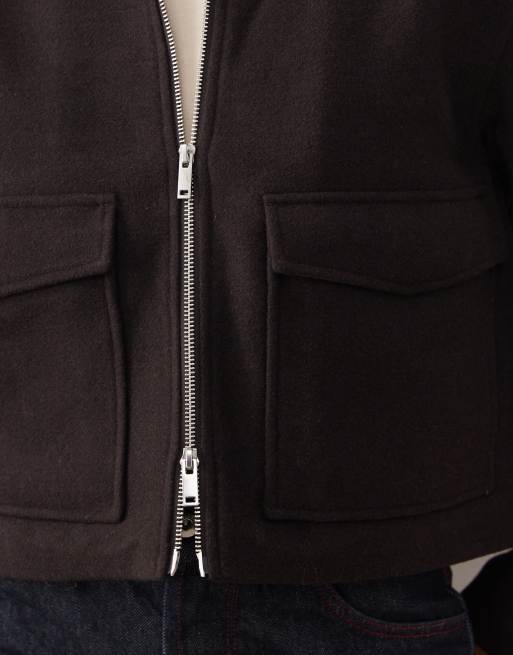 Monki wool look short collared jacket in chocolate brown