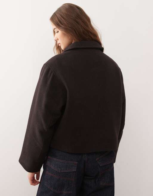 Monki wool look short collared jacket in chocolate brown