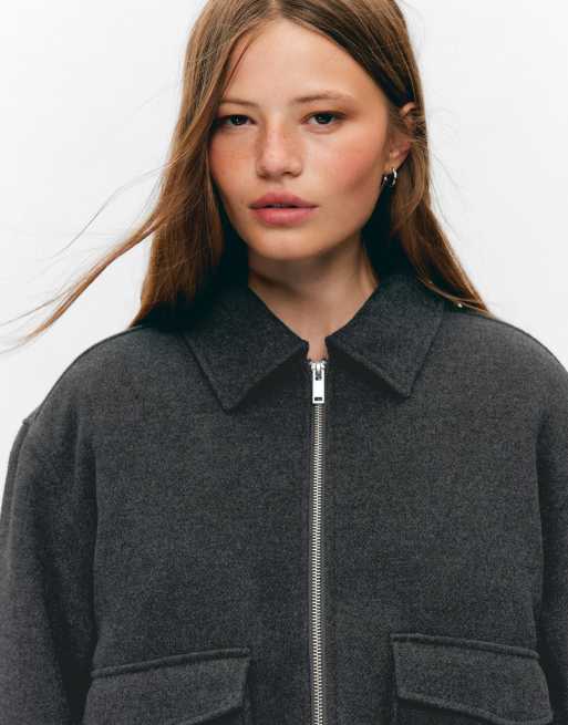 Monki wool look short collared jacket in dark gray