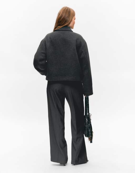 Monki wool look short collared jacket in dark gray