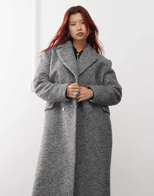 Monki wool mix textured long double breasted coat in grey