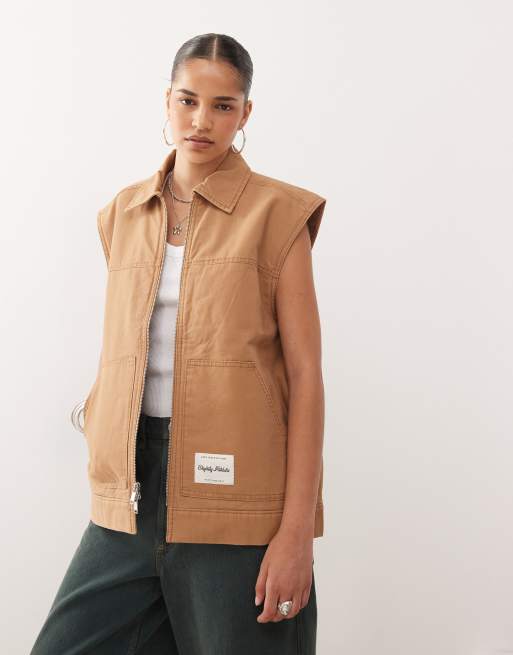 Monki worker gilet vest with collar detail in brown