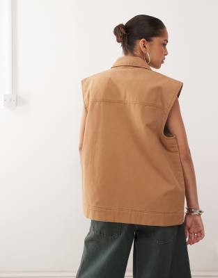 Monki Worker Vest With Collar Detail In Brown