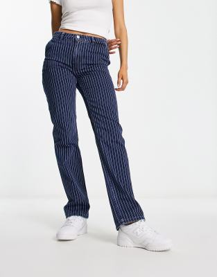 Monki workwear straight leg jeans in blue pinstripe