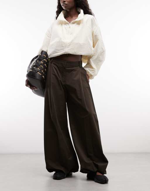 Monki woven balloon pants in dark brown, 2 of 5