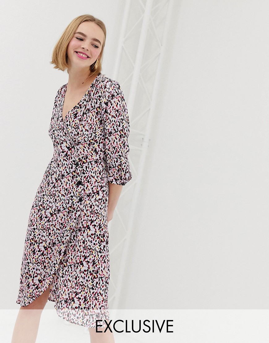 Monki Wrap Dress With Confetti Print And Buttons-multi | ModeSens