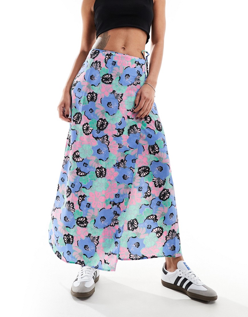 Monki wrap front midi skirt in multi artsy pastel flowers print