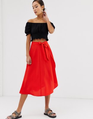 Monki wrap front midi skirt in red | ASOS