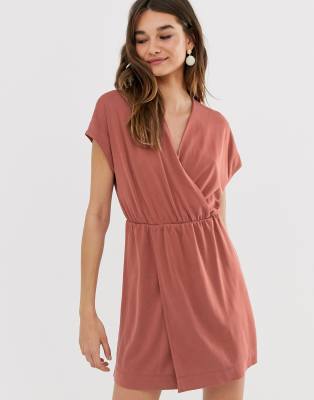 Monki wrap front mini dress in rust-Brown