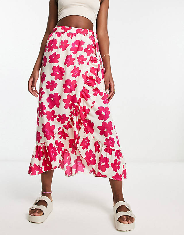 Monki - wrap midaxi skirt in pink floral print