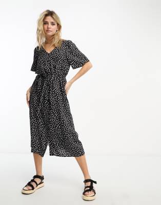 Monki wrap midi dress in black ditsy