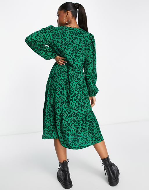 Monki long sleeve dress in green leopard print with slit