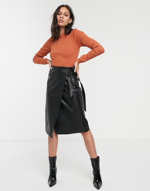 Monki wrap midi leather look skirt in black