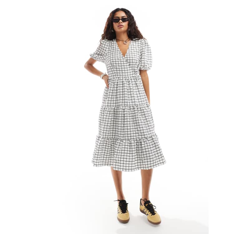 Monki wrap midi smock dress with tiered hem in white and black