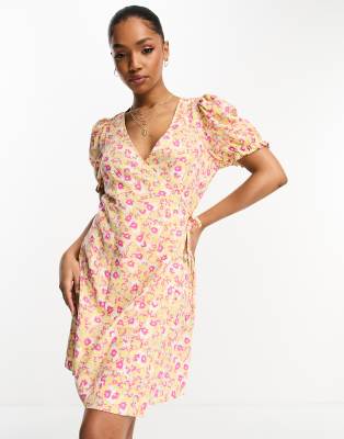 Monki Wrap Mini Dress In Yellow Floral Print