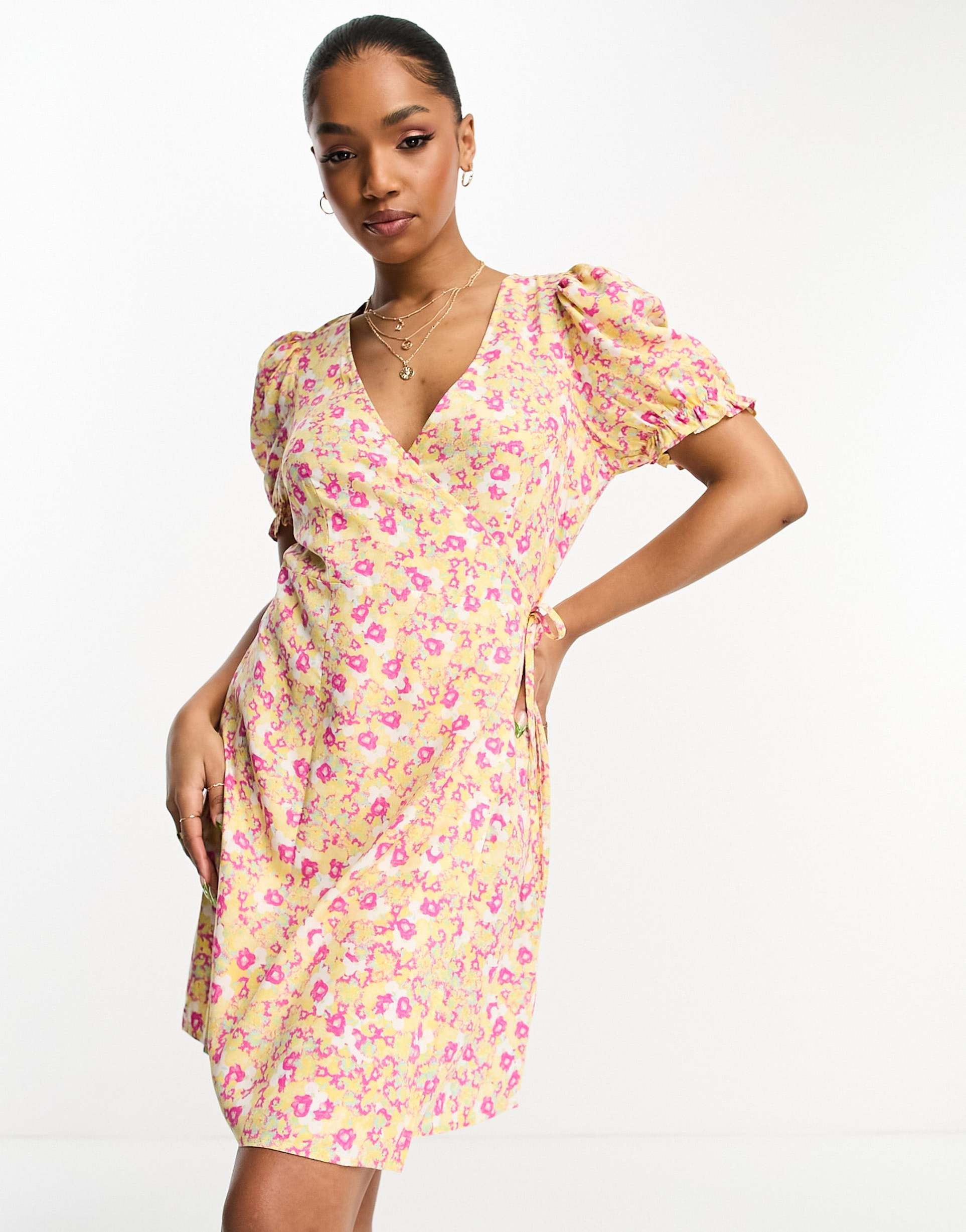 monki wrap mini dress in yellow floral print