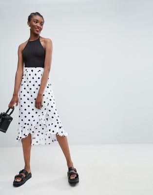 white polka dot midi skirt