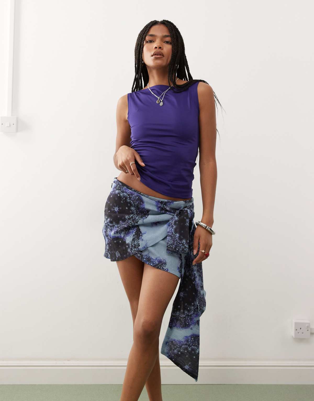Monki wrap sarong skirt with drape in blue print