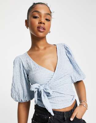 Monki wrap side blouse in dusty blue | ASOS