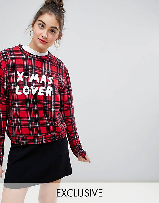 Monki xmas lover checked sweat in red