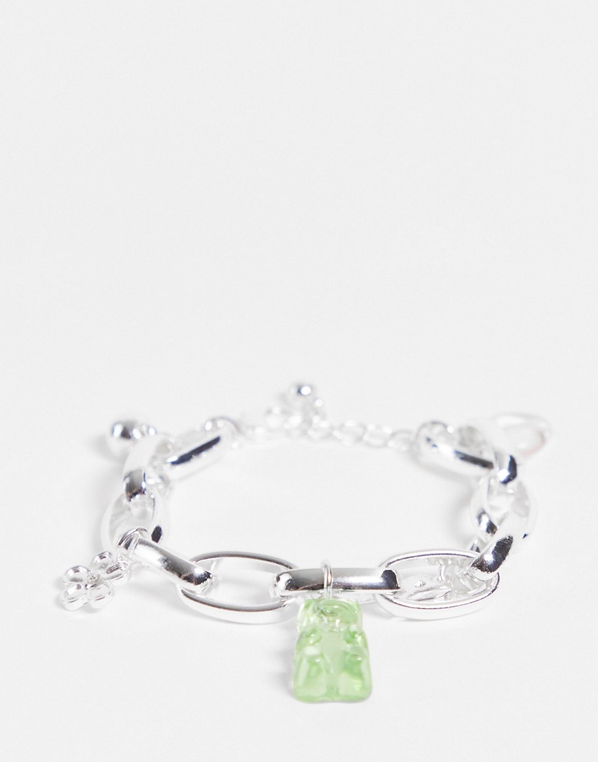 Monki y2k multi chain bracelet with gummy bear charm in silver