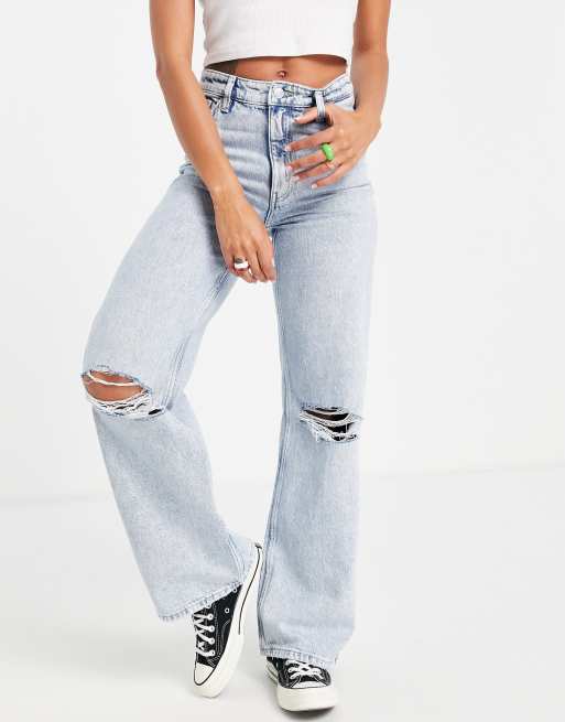 Monki – Yoko – Blekta jeans i bomull med vida ben och revor framtill - MBLUE, 3 av 4