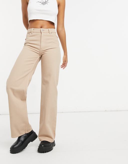 Monki Yoko cotton wide leg jeans in beige - BEIGE