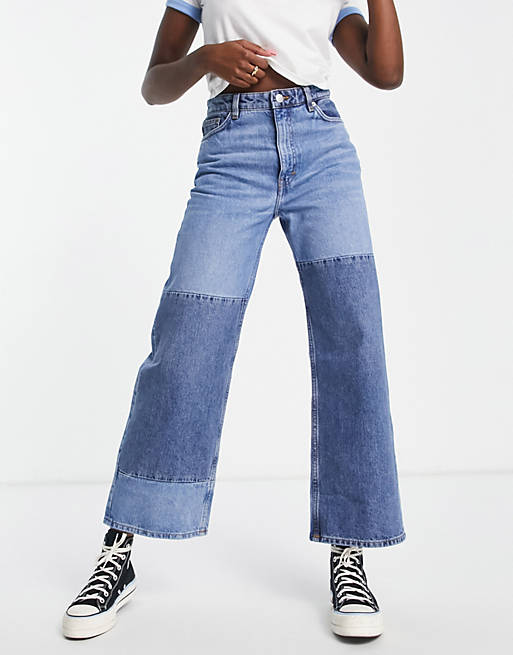 Monki Yoko cropped wide leg patch jeans in blue | ASOS
