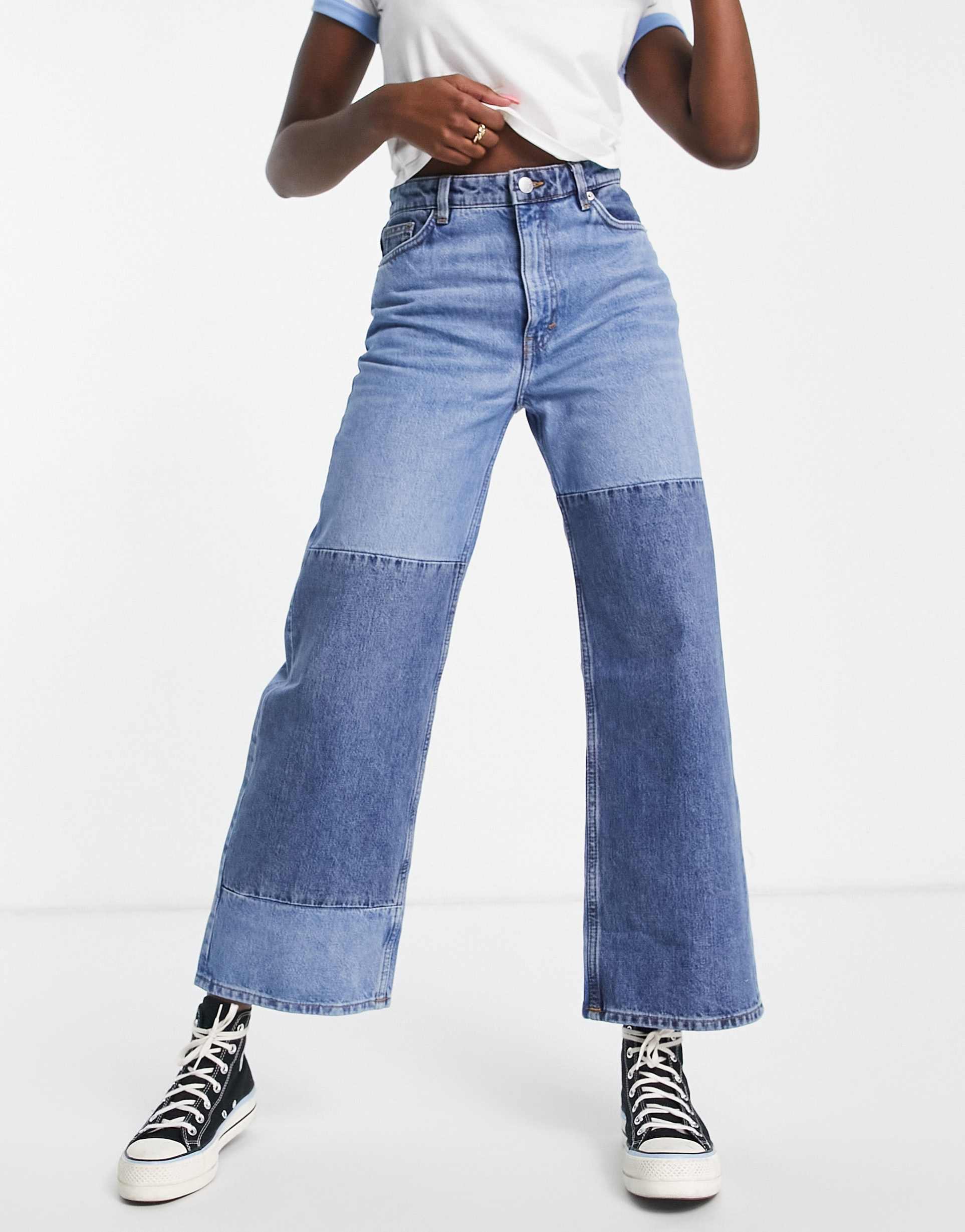 monki yoko cropped wide leg patch jeans in blue