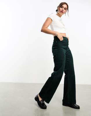 Monki Yoko Wide Leg Cord Pants In Forest Green