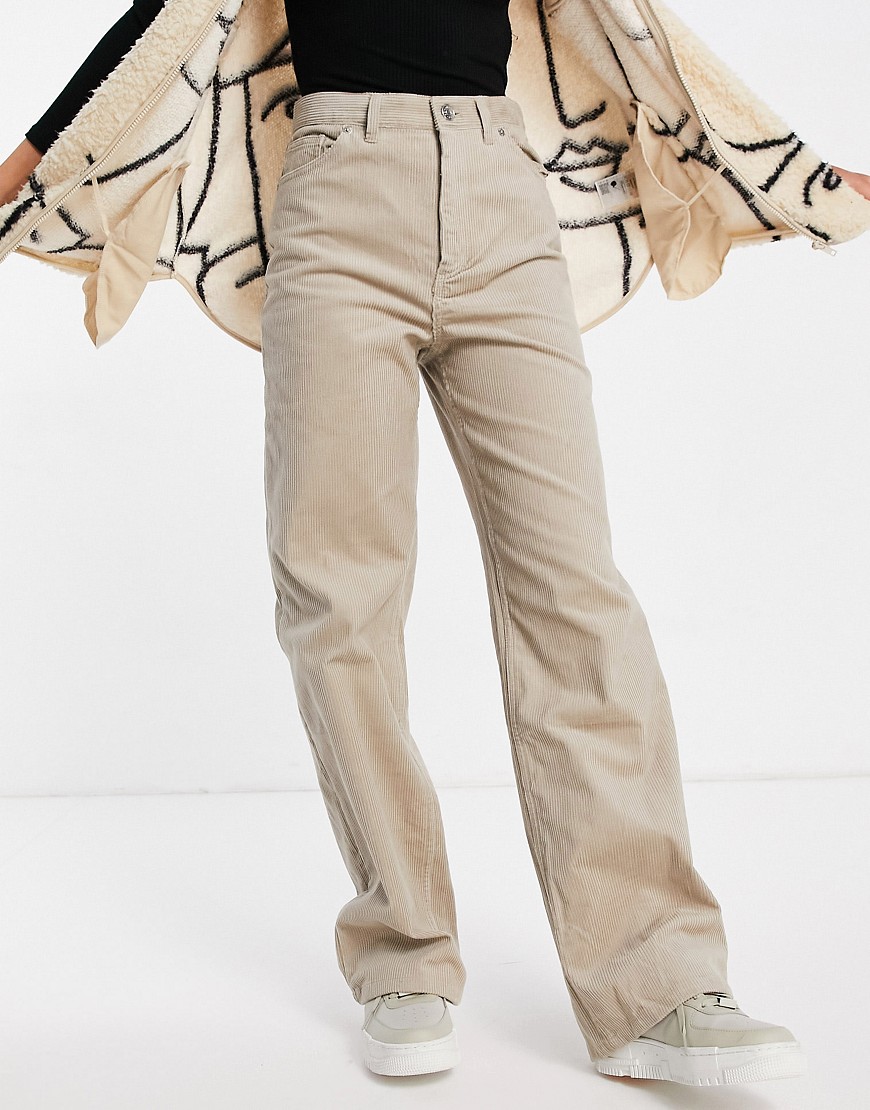 Monki Yoko wide leg cord trousers in beige-Neutral