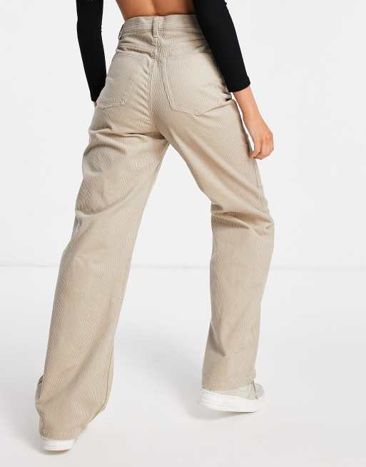 Monki Yoko wide leg cord trousers in beige