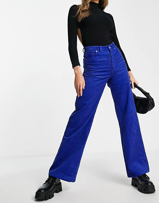 Monki Yoko wide leg cord trousers in blue | ASOS