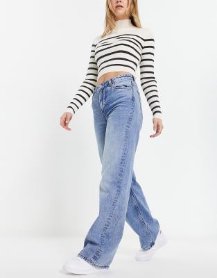 Monki Yoko Wide Leg Jeans In Mid Blue-blues In Blue