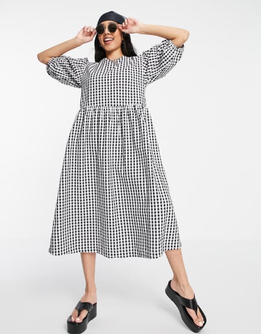 Monki cotton gingham midi smock dress in black BLACK | ASOS