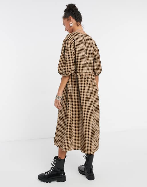 Monki Yoyo cotton gingham print smock midi dress in beige - BEIGE, 2 of 4