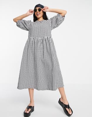 Monki Yoyo organic cotton gingham midi smock dress in black