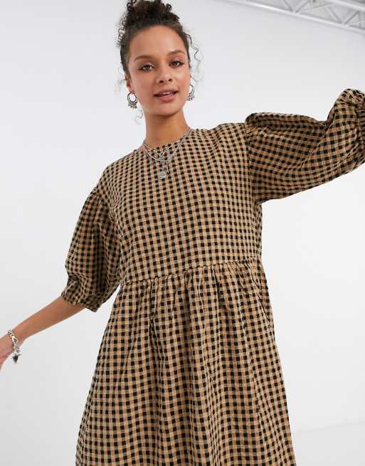 Monki - Yoyo - Robe babydoll mi-longue en coton à motif vichy - Beige - BEIGE, 3 de 4