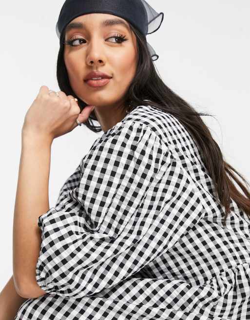 Monki - Yoyo - Robe babydoll mi-longue en coton à motif vichy - Noir - BLACK, 3 de 4