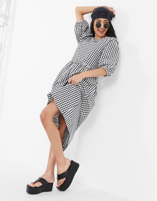 Monki - Yoyo - Robe babydoll mi-longue en coton à motif vichy - Noir - BLACK, 4 de 4
