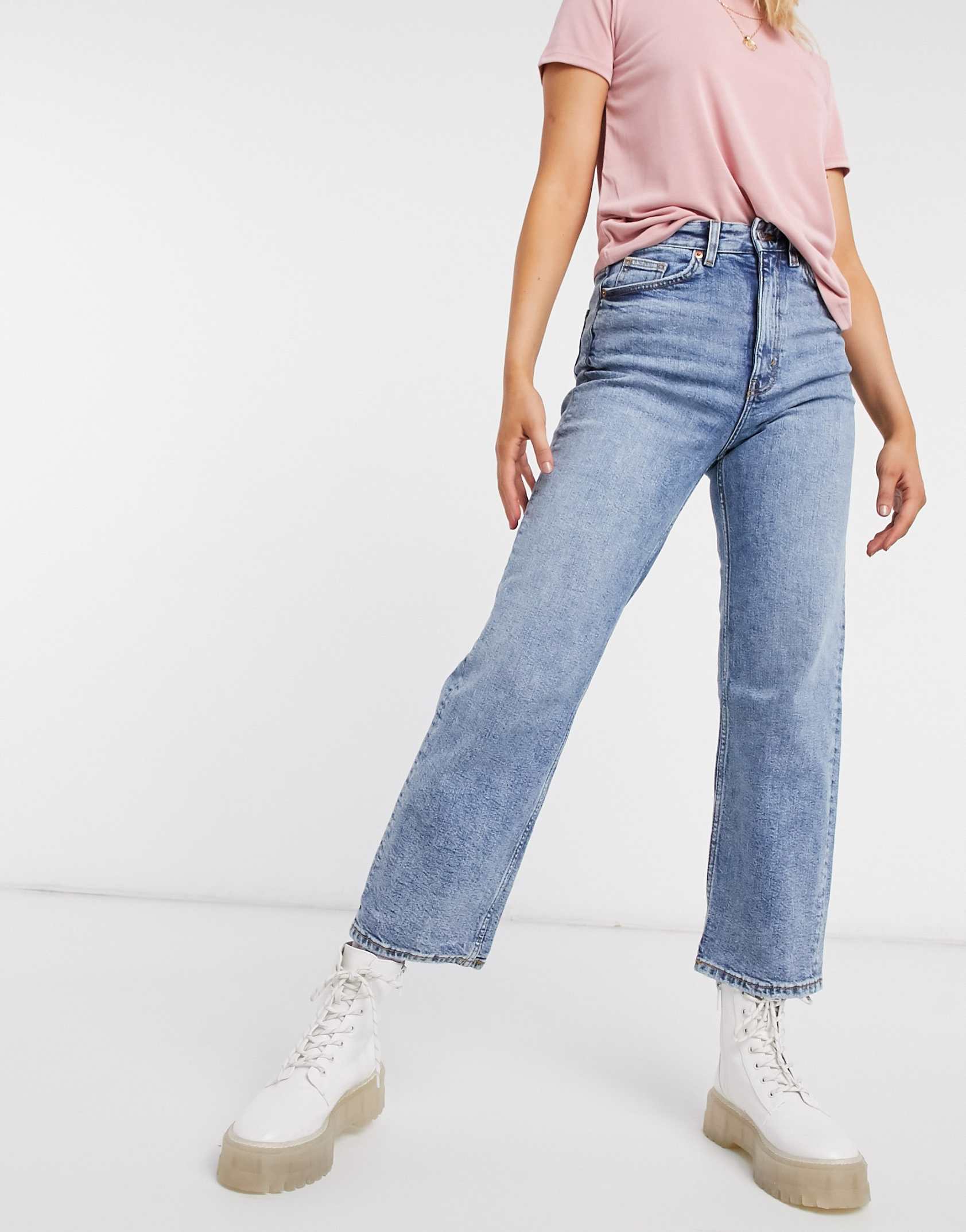 Monki Zami Super High Waist Straight Leg Cropped Jeans In Vintage Blue 24 Off Fashion Discounts Today