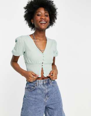 Monki Zanja smocked short sleeve top in mint-Green