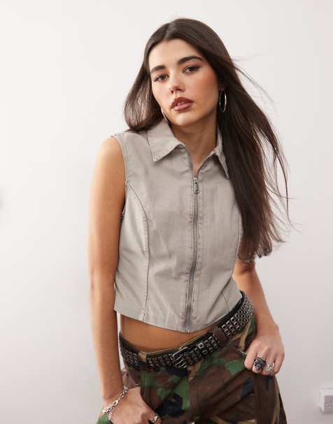 Monki twill zip through waistcoat in beige 