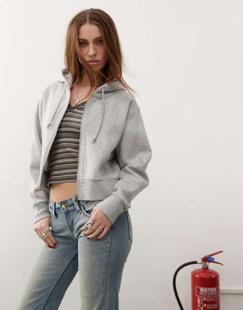 Monki – Zapinana na zamek bluza z kapturem o krótkim fasonie w szarym melanżowym kolorze - view 1